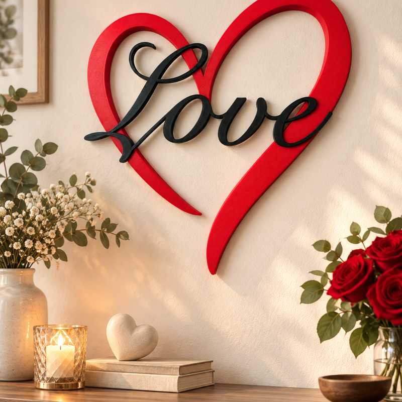Love Herz Wanddeko – 3D gedrucktes Herz mit Schriftzug in Rot & Schwarz